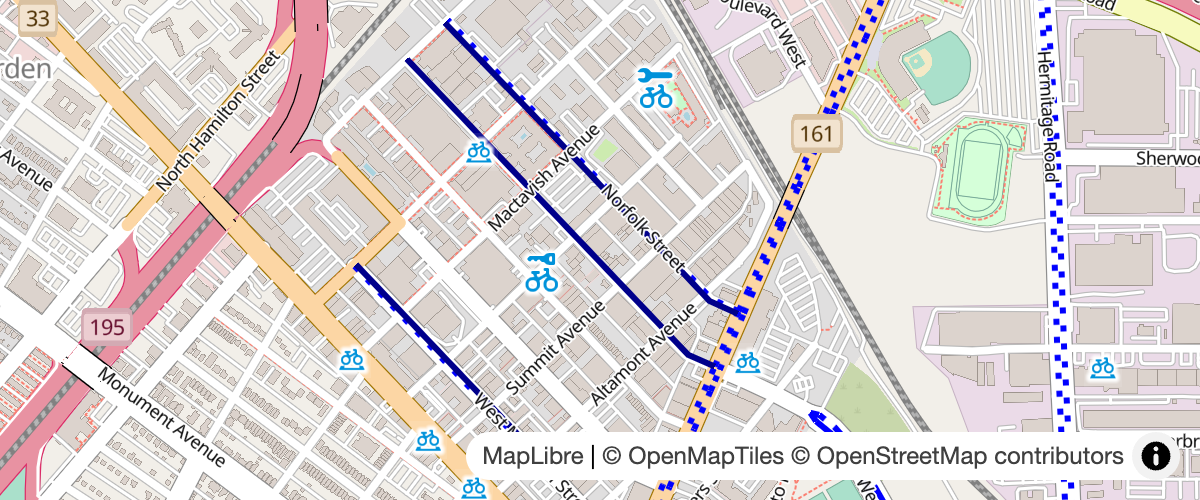 Query and style bikelanes, bike parking, repair stations, and bike shops.