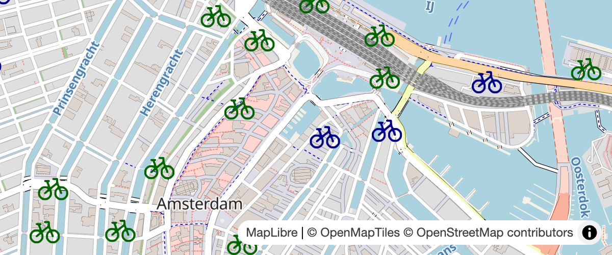 Bike shops from the Overture Places dataset and OpenStreetMap combined in a single map using MapLibre symbol collision logic as a sort of run-time conflation.