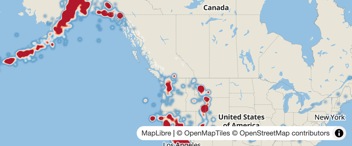 Visualize earthquake frequency by location using a heatmap layer.